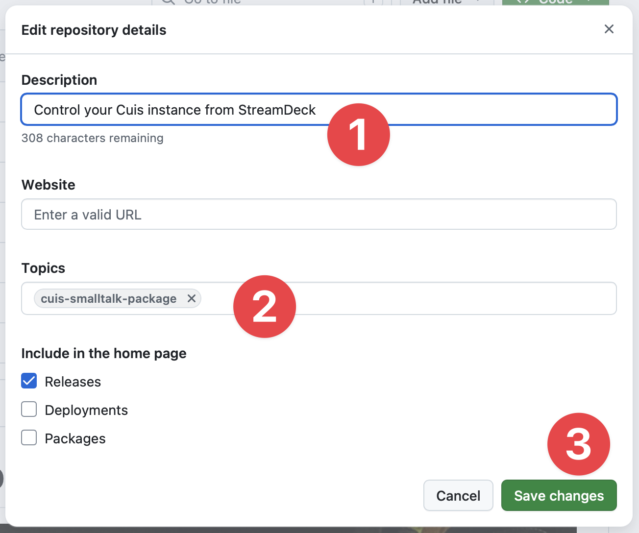The Edit repository details dialog, with Description, Topics and Save changes marked with 1, 2 and 3